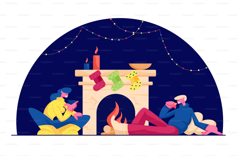 Christmas Holidays Spare Time at Home. Happy Couple Man and Woman in Warm Cozy Sweaters Sitting at Room with Fireplace, Hanging Socks and Burning Candle Drinking Tea Cartoon Flat Vector Illustration