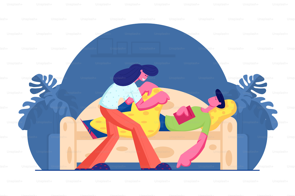Young Woman Covering with Blanket and Care of Man Sleeping with Book in Hands on Sofa. Happy Family Couple Home Life, Love and Relations. Leisure and Good Night Wishes Cartoon Flat Vector Illustration