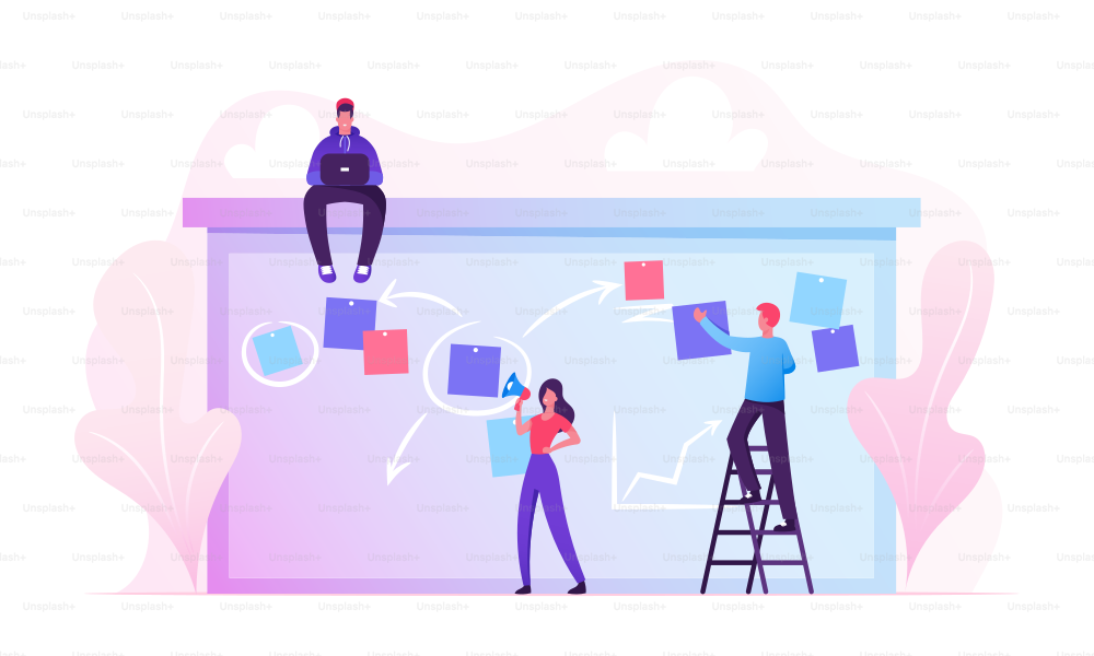 Businesspeople Scheduling Work on Agenda Schedule Task Board with Sticky Notes Standing on Ladder. Business People Planning Teamwork Events in Office Interior Concept Cartoon Flat Vector Illustration