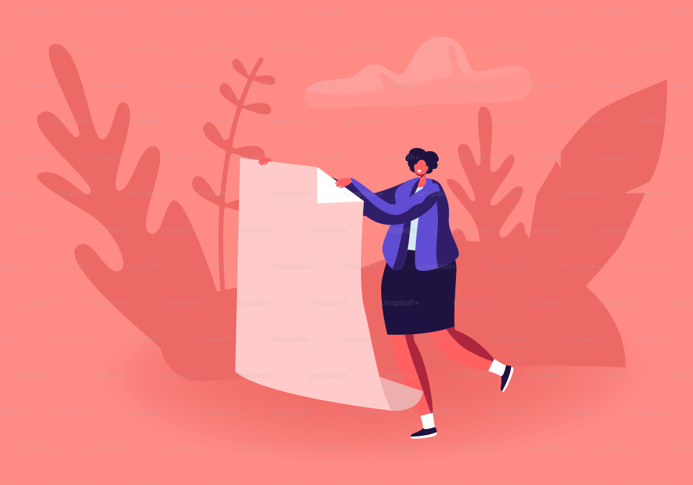 Winzige, lächelnde Frau hält ein riesiges weißes Blatt Papier zum Basteln von Origami-Figuren in den Händen. Kreative Beschäftigung, Büropapier-Konzept. Trageblatt für weibliche Charaktere. Cartoon Flat Vektorillustration