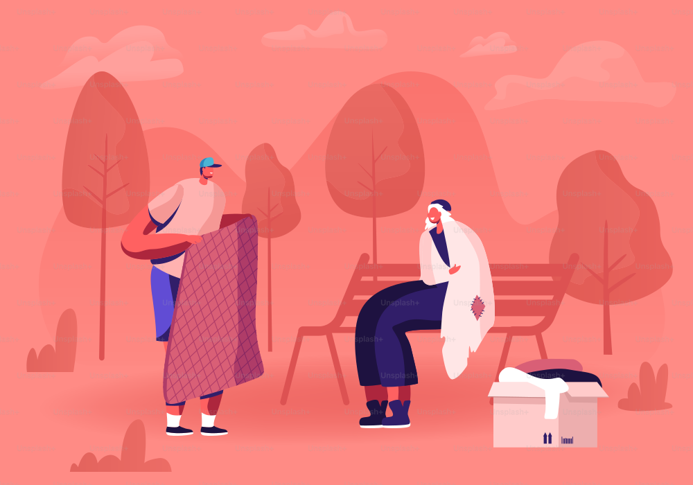 Young Man Volunteer Bringing New Warm Blanket to Woman Beggar Wrapping to Old Ragged Plaid Sitting on Bench in City Park. Charity Volunteering and Donation Concept. Cartoon Flat Vector Illustration
