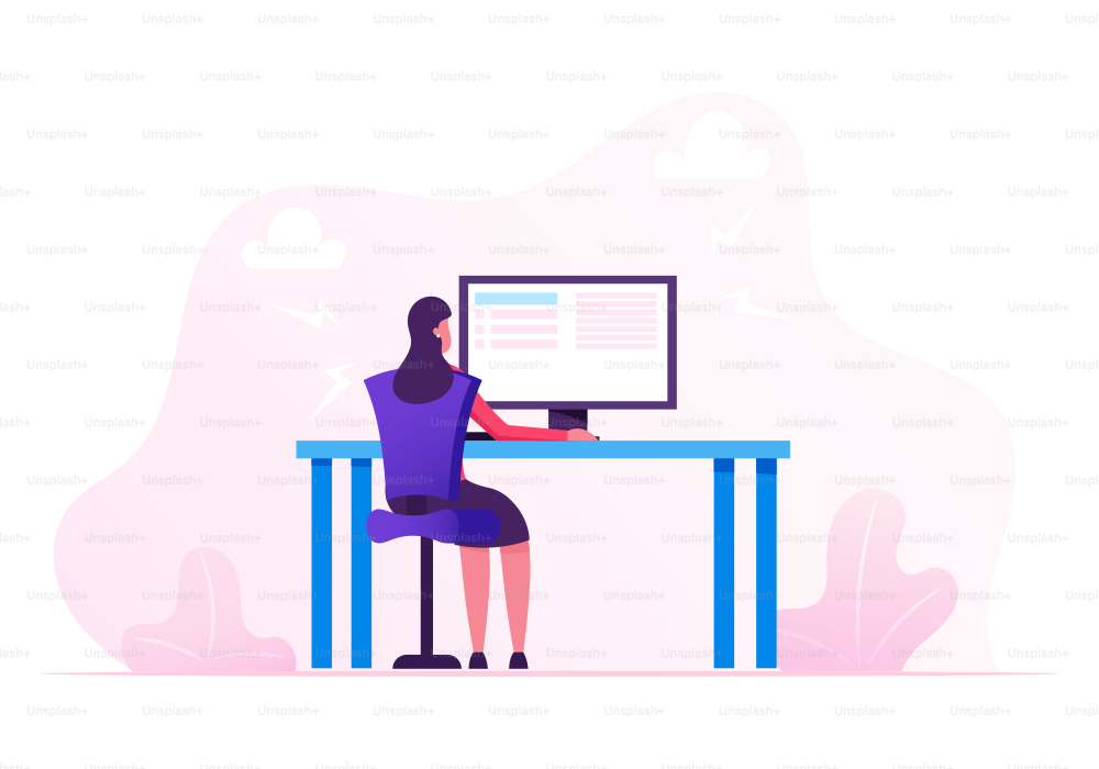 Business Woman Working on Personal Computer at Home or at Office Workplace, Hardwork Female Character Freelancer or Corporate Company Worker Sitting at Desk Work on Pc Cartoon Flat Vector Illustration