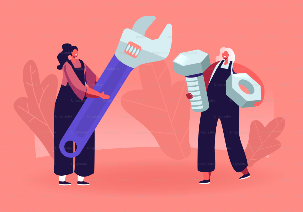 Female Characters with Tools. Tiny Girls in Overalls Holding Huge Wrench Screw and Nut. Handyman Women Fixing Broken Technics at Home, Repair Service Call Masters. Cartoon Flat Vector Illustration