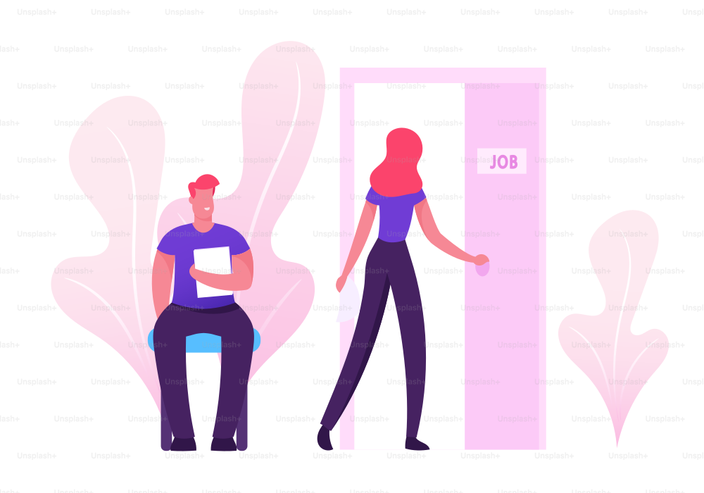 Recruitment, Job Interview Concept. Unemployed People Searching Job. Man with Cv Document in Hand Sitting in Office Hallway Waiting Appointment Woman Applicant Enter Cartoon Flat Vector Illustration