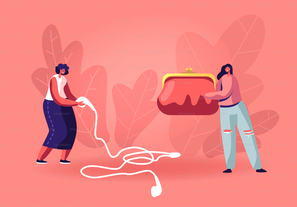 Women and their Things Concept. Tiny Female Characters Holding Huge Purse with Money and Player Headset. Girls Bag Stuff and Belongings Elegant Modern Ladies Accessory Cartoon Flat Vector Illustration