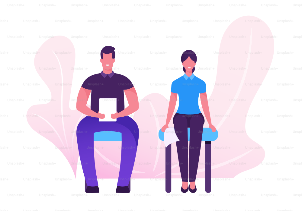 Confident Serious Young Man and Woman with Cv Sitting on Chairs in Waiting Room Setting Mind Up Before Job Interview or Meeting with Potential Business Partners. Cartoon Flat Vector Illustration