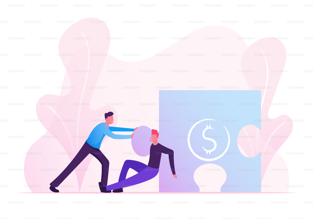 Businessmen Male Characters Pushing Huge Puzzle Element with Dollar Sign to Set Up Construction. Team Metaphor. Business People Teamwork Cooperation and Partnership. Cartoon Flat Vector Illustration