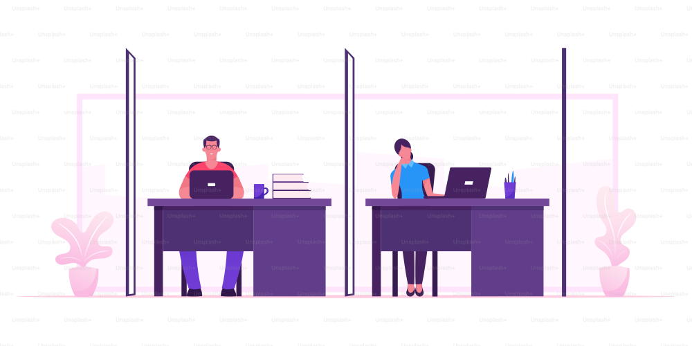Coworking Team, Teamwork Group of Creative Man and Woman Sitting at Desk Boring and Working in Studio Office Employees Business People Work in Company Workflow Process Cartoon Flat Vector Illustration