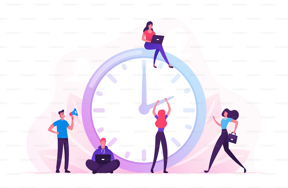 Business Process, Time Management Concept. Busy Businessmen and Businesswomen Walking around of Huge Clock. Procrastination Deadline Working Productivity Infographics. Cartoon Flat Vector Illustration