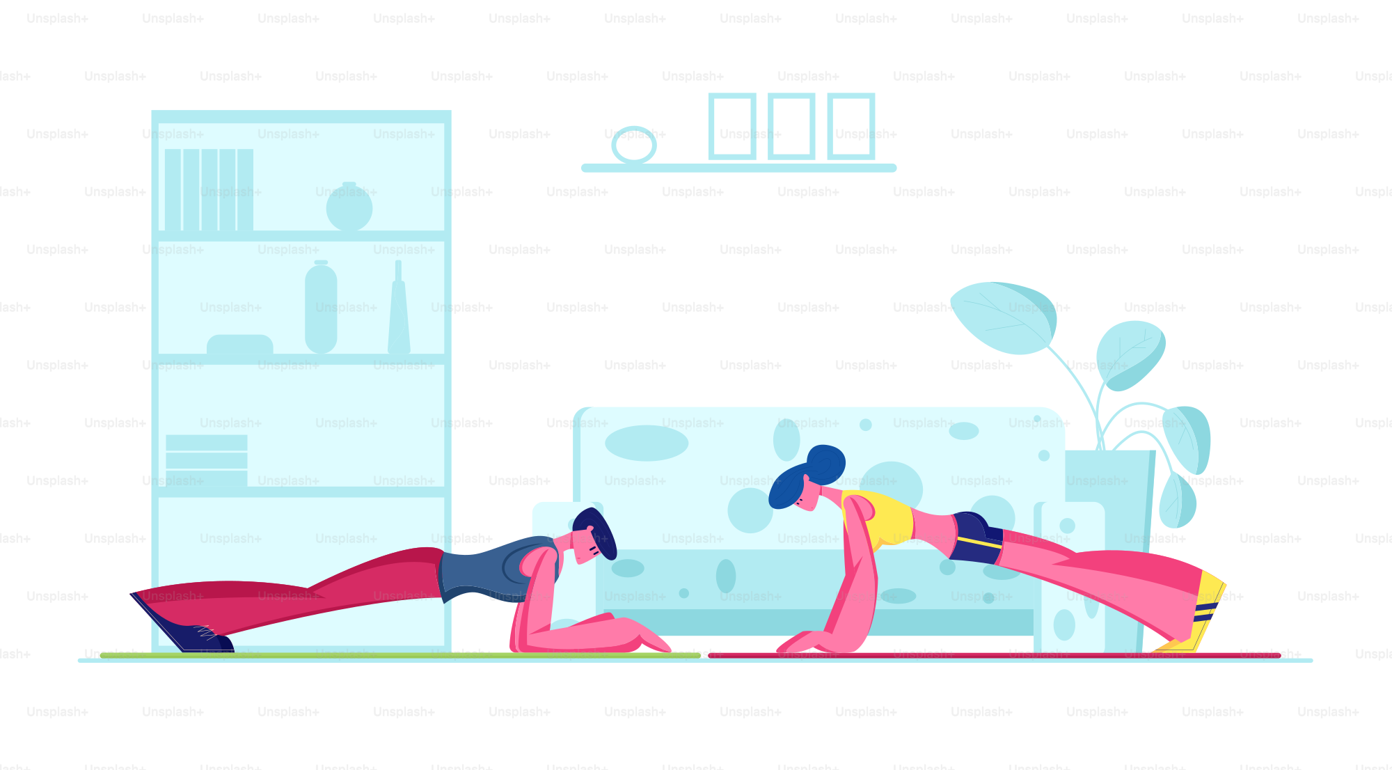 Jovem Fit Sporty Mulher e Homem Fazendo Prancha em Casa. Casal da família Hard Hard Hard Exercício de Fitness ou Push Press Ups. Treinamento Esportivo Endurance, Treino Esportivo Saudável. Ilustração vetorial plana dos desenhos animados