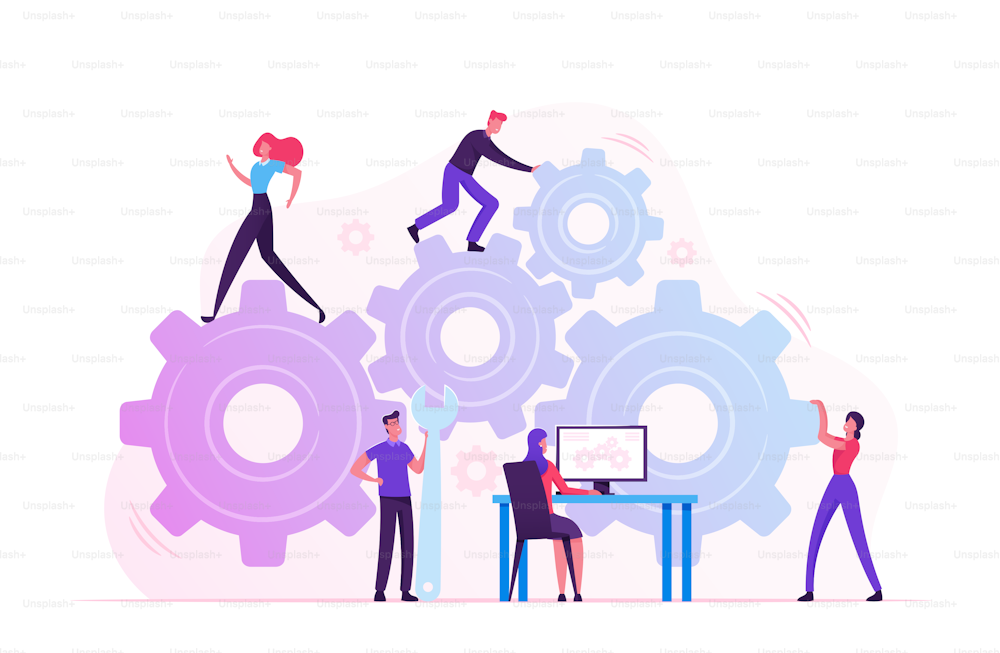 Working Routine Process and Teamwork Concept. Male and Female Characters Moving Huge Gear Mechanism Using Wrench, Feet and Arms. Woman Managing Cogwheel Process at Pc. Cartoon Flat Vector Illustration