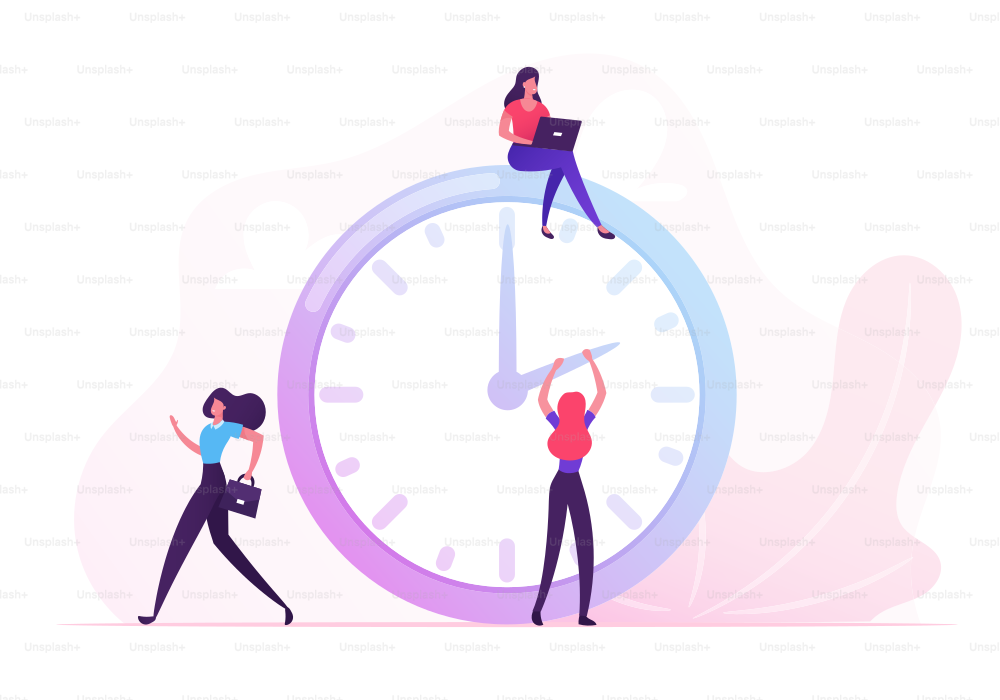 Businesswomen around of Huge Clock. Business Woman Sitting on Top with Laptop, Moving Arrows on Dial. Teamwork, Deadline, Time Management in Working Process Concept. Cartoon Flat Vector Illustration