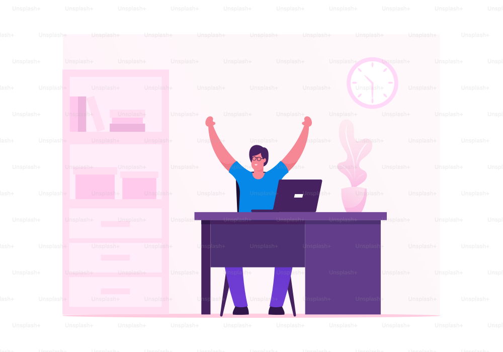 Business Man Celebrating Victory or Successful Deal Sitting at Working Desk with Hands Up Happily Gesturing. Happy Manager Winner, Successful Worker Celebrate Success. Cartoon Flat Vector Illustration
