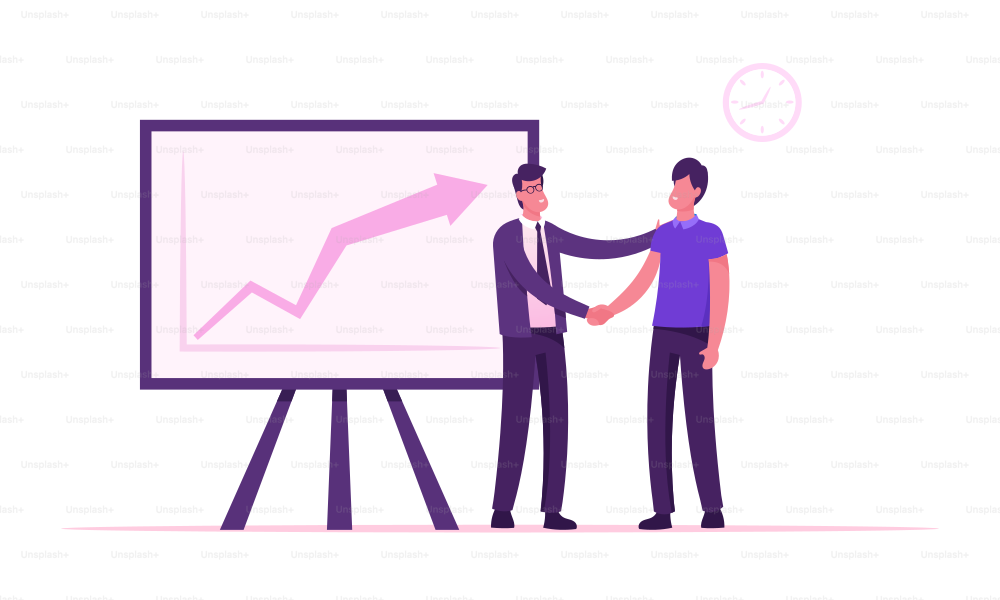 Confident Businessman Company Boss Shaking Hand to Office Employee Standing at Chartboard with Growing Arrow Graph. Director Congratulate Worker for Successful Work. Cartoon Flat Vector Illustration