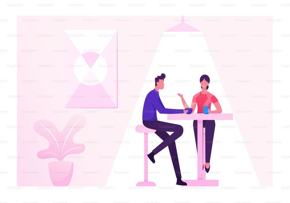 Coffeehouse, Coffee Shop or Cafe with People Sitting at Table Drinking Coffee, Relaxed Male and Female Characters Spend Time Together Having Break or Weekend Relax. Cartoon Flat Vector Illustration