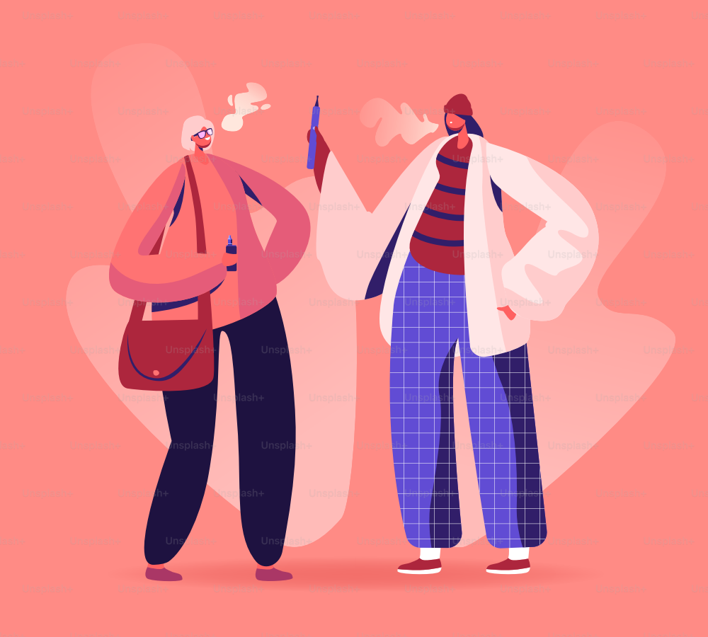 Algumas amigas ficam cara a cara comunicando e fumando vapes. Estilo de vida dos adolescentes, moda jovem. Mulheres hipsters com roupas estilosas vaporizando em bar ou rua. Ilustração vetorial plana de desenho animado