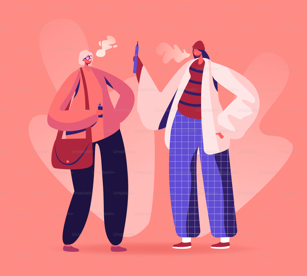 Couple of Girl Friends Stand Face to Face Communicate and Smoking Vapes. Teenagers Lifestyle, Youth Fashion. Hipster Women in Stylish Clothing Vaping in Bar or Street. Cartoon Flat Vector Illustration