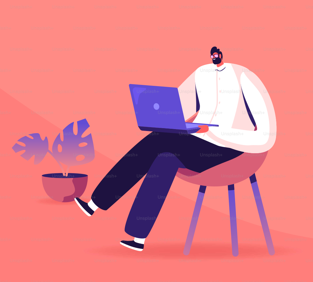 Young Business Man, Programmer, Creative Outsourced Employee Sitting on Chair Working on Laptop. Freelancer Work Remotely at Home or Coworking Place Using Smart Device Cartoon Flat Vector Illustration