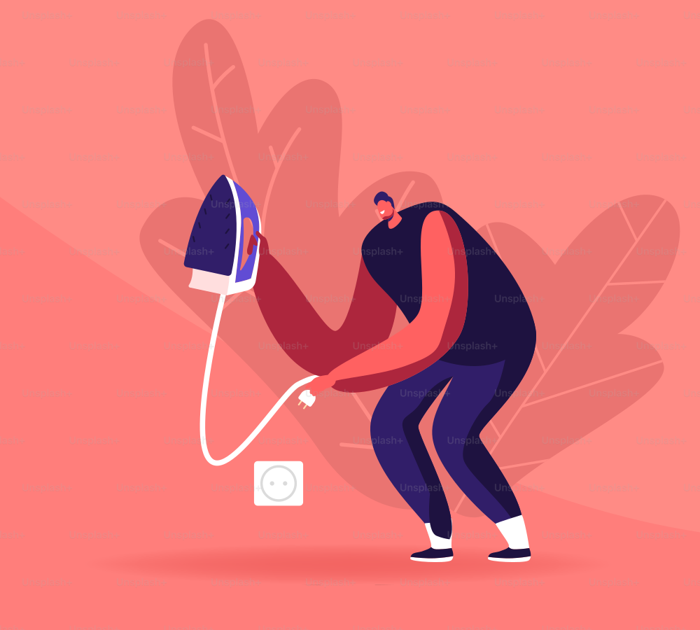 Man Put Iron Plug to Socket at Home Doing Every Day Domestic Routine Activity with Smart Devices, Male Character Housekeeping Work. Appliances with Internet of Things Cartoon Flat Vector Illustration