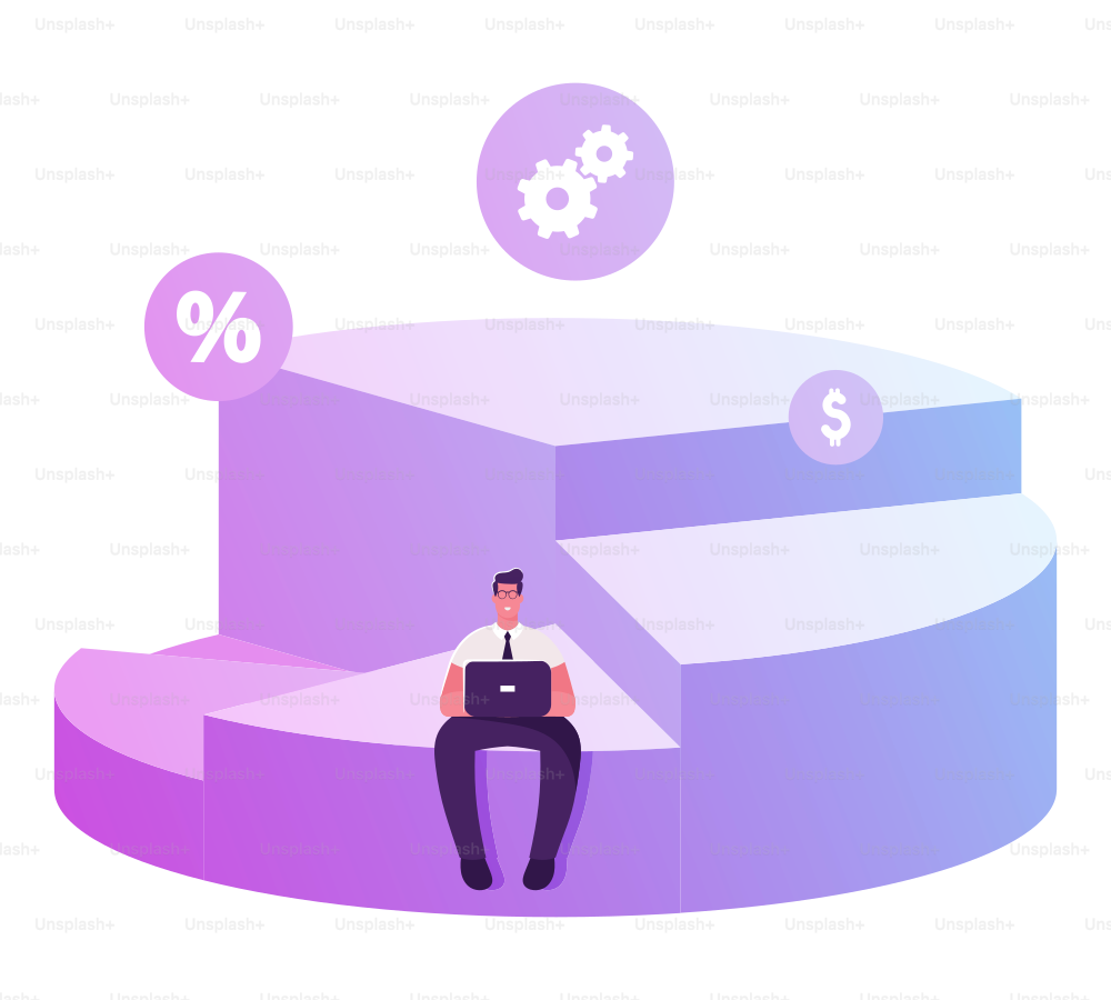 Businessman Shareholder Sitting on Top of his Portion of Pie Chart Working on Laptop. Diagram Depicts Profit Sharing, Successful Partnership, Company Shares Ownership Cartoon Flat Vector Illustration