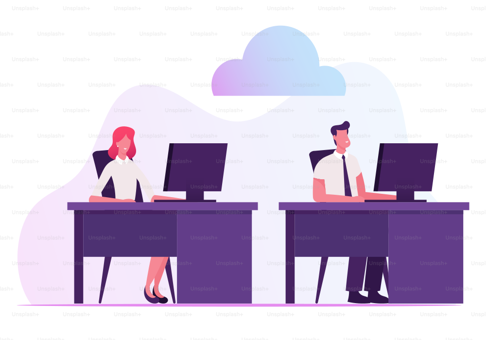 Businessman and Businesswoman Sitting at Desks Working on Computers Using Cloud System and Intranet or Internet Connection inside of Organization for Data Transfer Cartoon Flat Vector Illustration