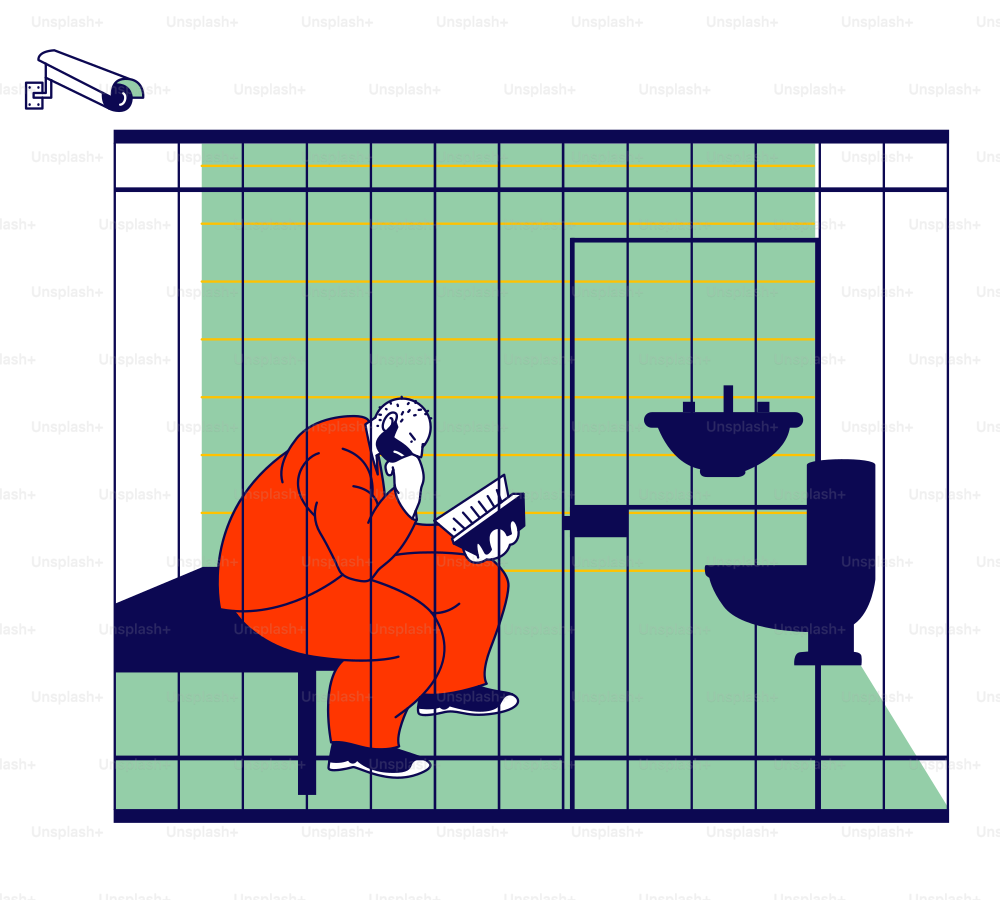 Life in Jailhouse. Arrested Convict Man Sitting in Cell with Sink and Toilet Behind of Metal Bars Reading Book. Prisoner in Prison Lifestyle Police Indoors Interior. Cartoon Flat Vector Illustration