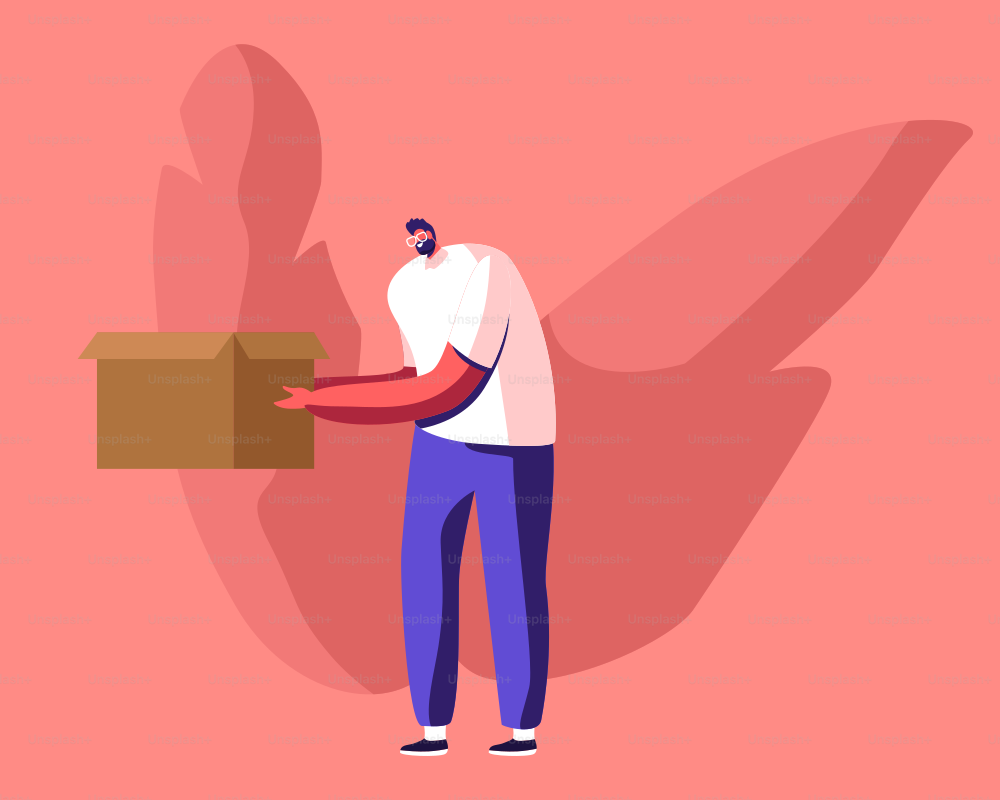 Wastepaper Recycling Solution Concept. Young Man Volunteer Carry Used Carton Box. Paper Waste Trash Recycle, Stop Pollution, Ecology Protection Problem, Eco Activist Cartoon Flat Vector Illustration