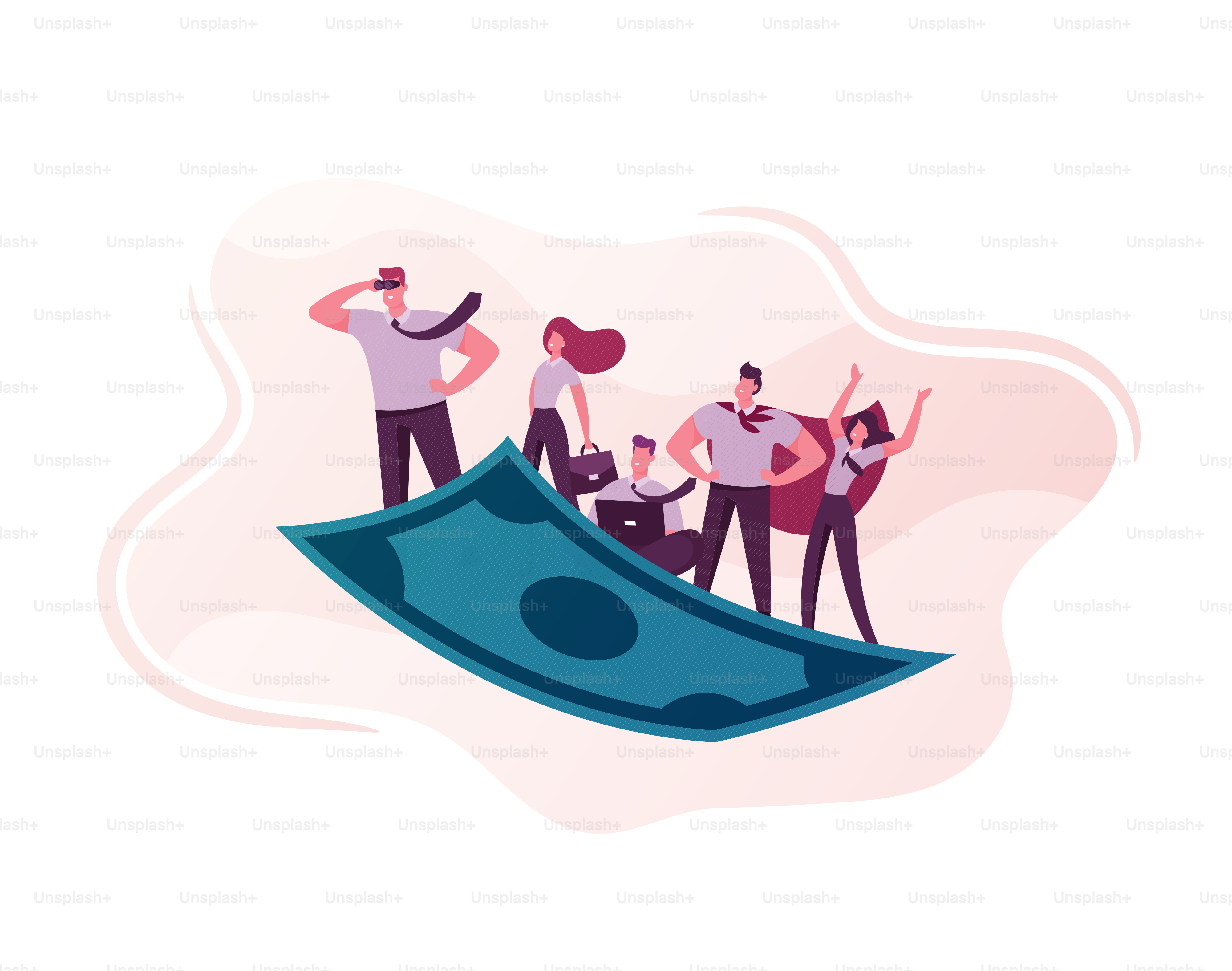 Business People Team Travel on Flying Money Carpet. Businessman in Superhero Cloak, Manager Working on Laptop. Financial Success, Teamwork Direction, Goal Achievement. Cartoon Vector Illustration