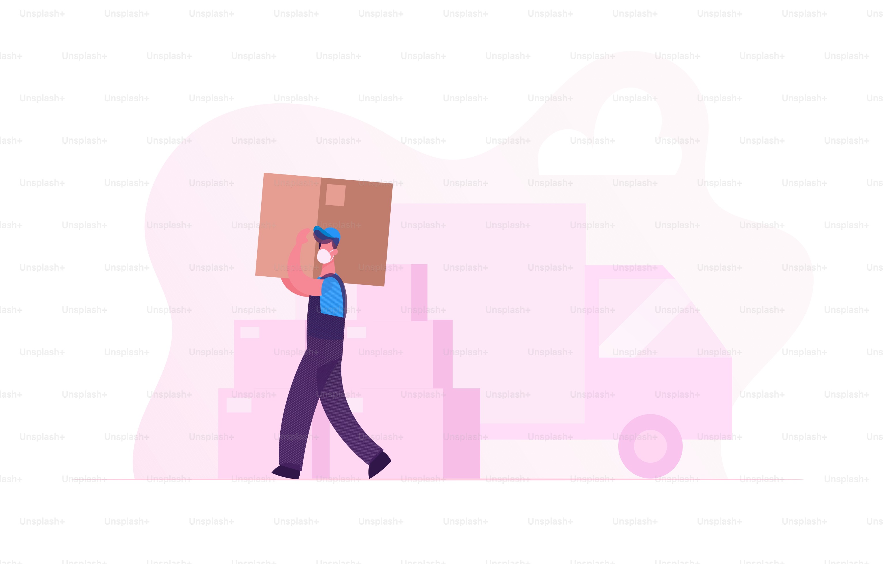 Worker Character in Medical Mask Carry Cardboard Box on Unloading Truck. Relocation and Moving into New House during Covid19 Pandemic. Delivery Company Loader Service. Cartoon Vector Illustration