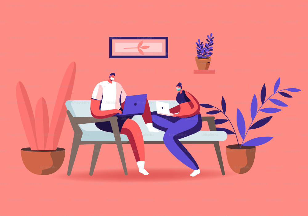 Characters in Medical Masks Sitting on Couch Working Distant on Laptop from Home. Freelance Self-employed Occupation at Covid19 Pandemic Quarantine Self Isolation. Cartoon People Vector Illustration