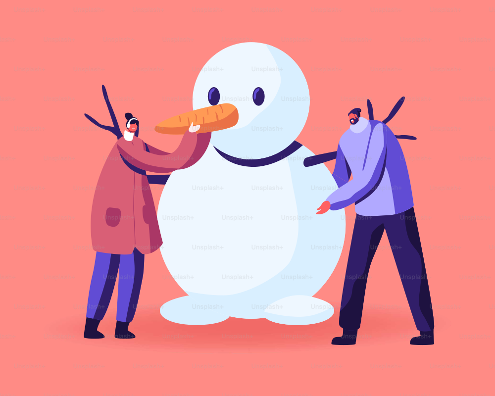 Young Man and Woman Characters Wearing Warm Clothing Making Funny Snowman. Freezing Spring or Winter Time Outdoor Activity. People Playing on Holidays, Weekend, Vacation. Cartoon Vector Illustration