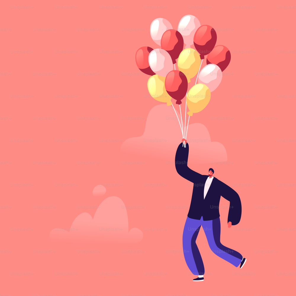 Personaje de hombre de negocios volando con globo de aire en aislamiento de cuarentena de escape de aire. Crecimiento profesional del hombre de negocios y escape de la crisis. Inspiración, progreso, solución creativa. Ilustración vectorial de dibujos animados