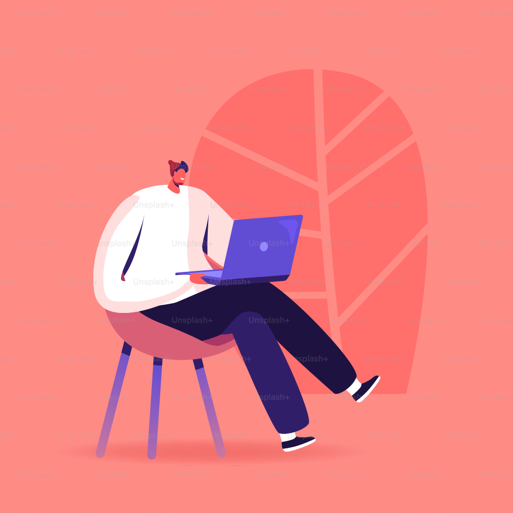 Young Man Study Foreign Language, Prepare for Exam, Freelancer Work Distant. Male Character with Laptop Sit on Chair Study Chinese Courses, Reading News in Internet. Cartoon Vector Illustration