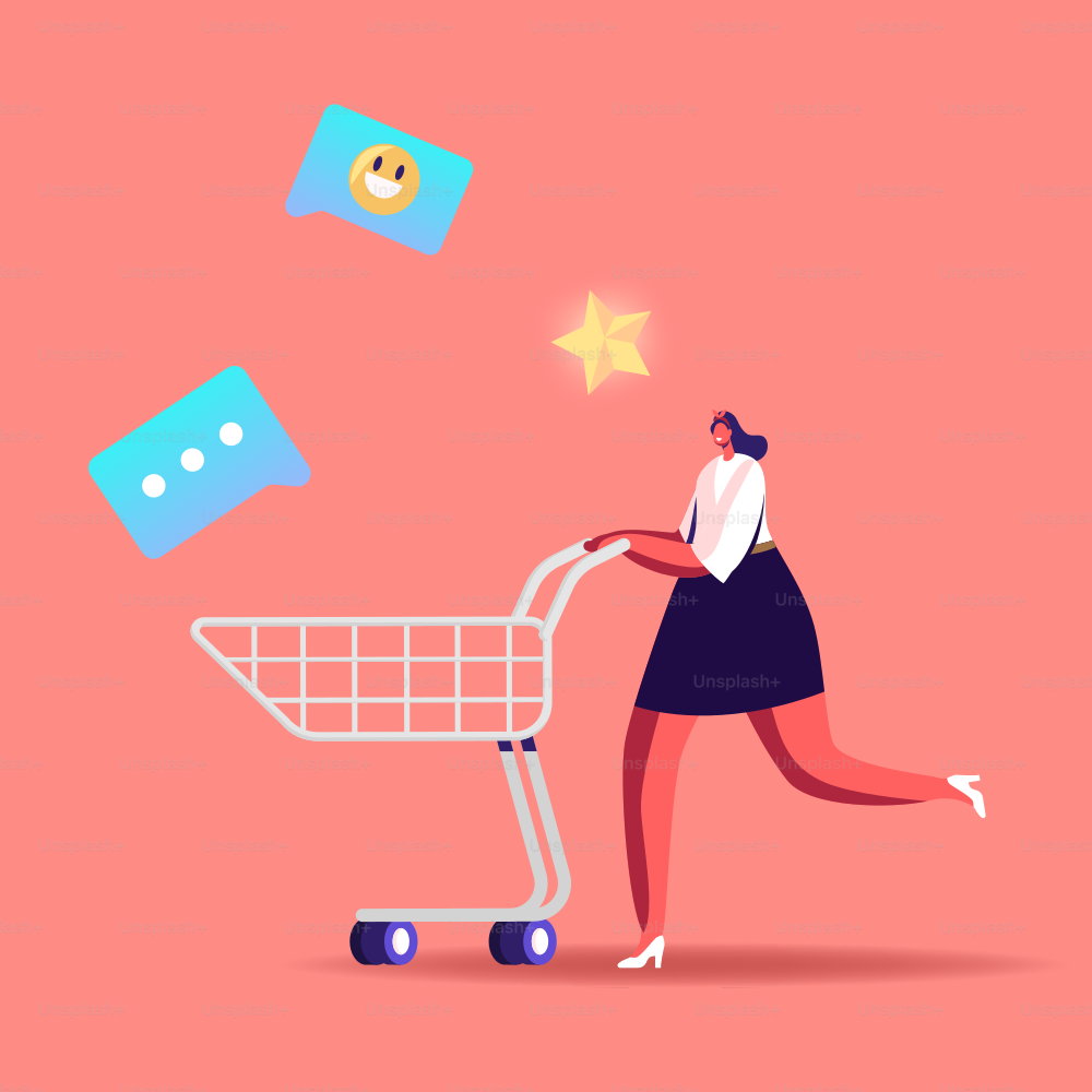 Cheerful Shopaholic Female Character Push Trolley with Media Icons around. Happy Woman Buyer Have Fun Doing Shopping. Seasonal Sale, Discount Coupon, Sales Funnel Concept. Cartoon Vector Illustration