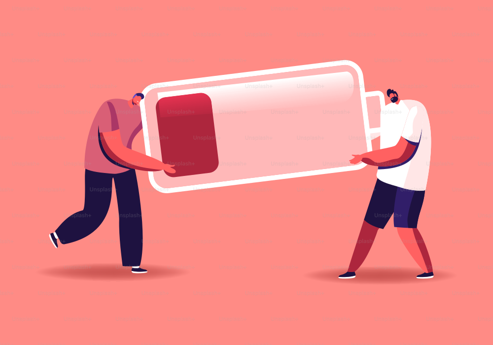 Les personnages d’hommes d’affaires fatigués portent une énorme batterie avec un faible niveau de charge rouge. Surcharge de délais et mauvais concept d’énergie vitale. Des employés fatigués travaillant depuis les dernières forces. Illustration vectorielle de bande dessinée