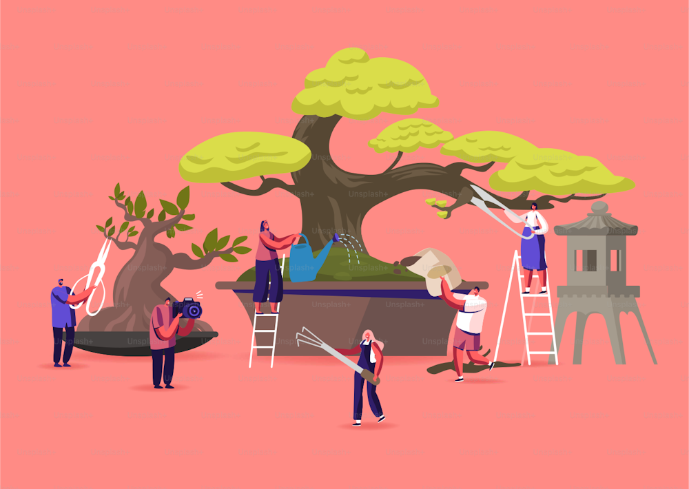 Bonsai Growing Concept. Tiny Male and Female Characters Enjoying Hobby Caring, Pruning and Trimming Bonsai Trees. Plants Gardening, Traditional Asian Art, Culture. Cartoon People Vector Illustration