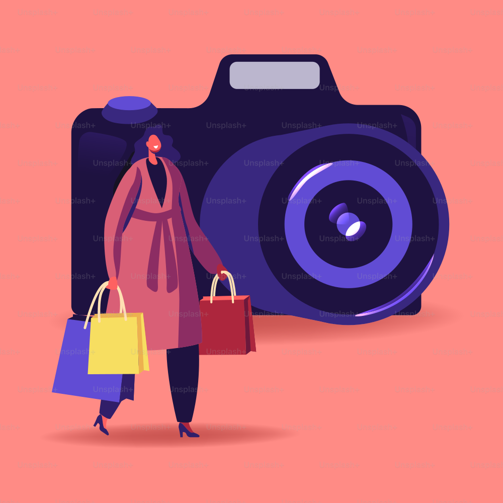 Shopping Tour, Seasonal Sale, Discount. Cheerful Shopaholic Girl Character with Purchases in Paper Bags at Huge Photo Camera. Happy Woman Buyer Holding Shopping Packages. Cartoon Vector Illustration