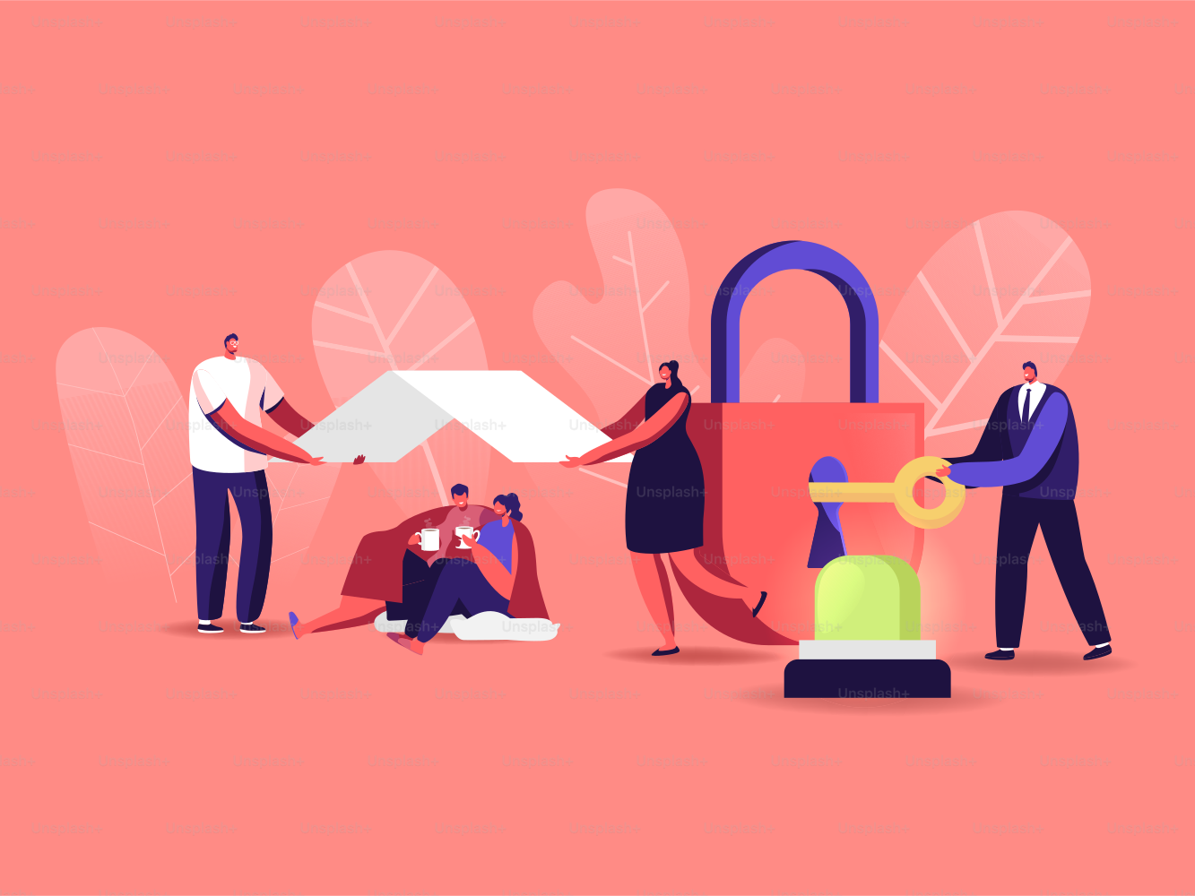 Conceito de Segurança. Personagens masculinos e femininos bebendo café sentados sob o teto, homem minúsculo fechando enorme fechadura com chave, sinalizando. Proteção do Lar e da Vida, Segurança. Ilustração vetorial de pessoas dos desenhos animados