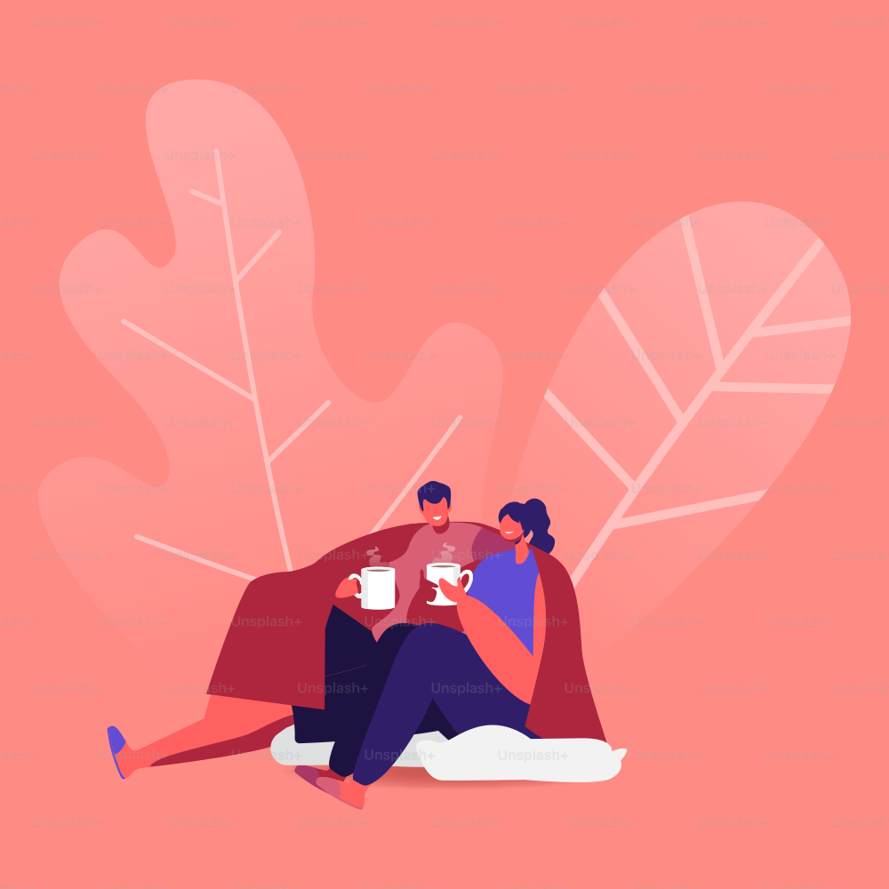 Security, Home Comfort Loving Couple Sitting on Floor under Blanket Drinking Tea and Chatting. Characters Together on Weekend Evening. Love Leisure Family Sparetime. Cartoon People Vector Illustration