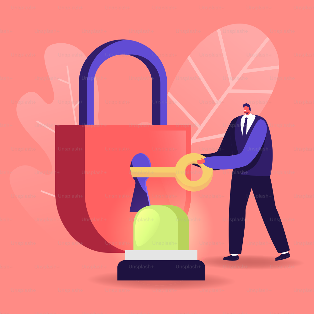 Security, Safety, Private Property Protection Concept. Tiny Male Character Close on Key Huge Padlock with Signaling beside. Secrecy, Secure Protecting, Home Defense. Cartoon Vector Illustration
