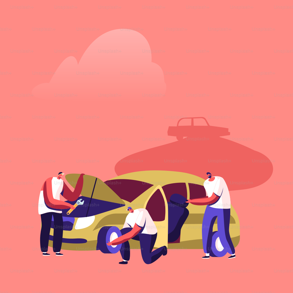 Vehicles Utilization Concept. Mechanics Characters Work on Junkyard Disassemble Old Used Automobile or Damaged Car. People Dismantling Transport Take Off Parts and Wheels. Cartoon Vector Illustration