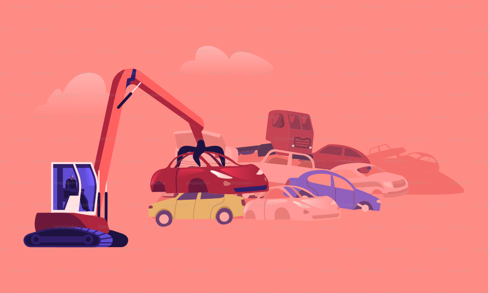Character Working on Grabber Loading Old Junk Cars at Huge Pile with Used Ruined Vehicles. Scrap Metal Utilization and Recycling Industry or Business, Concept. Cartoon People Vector Illustration