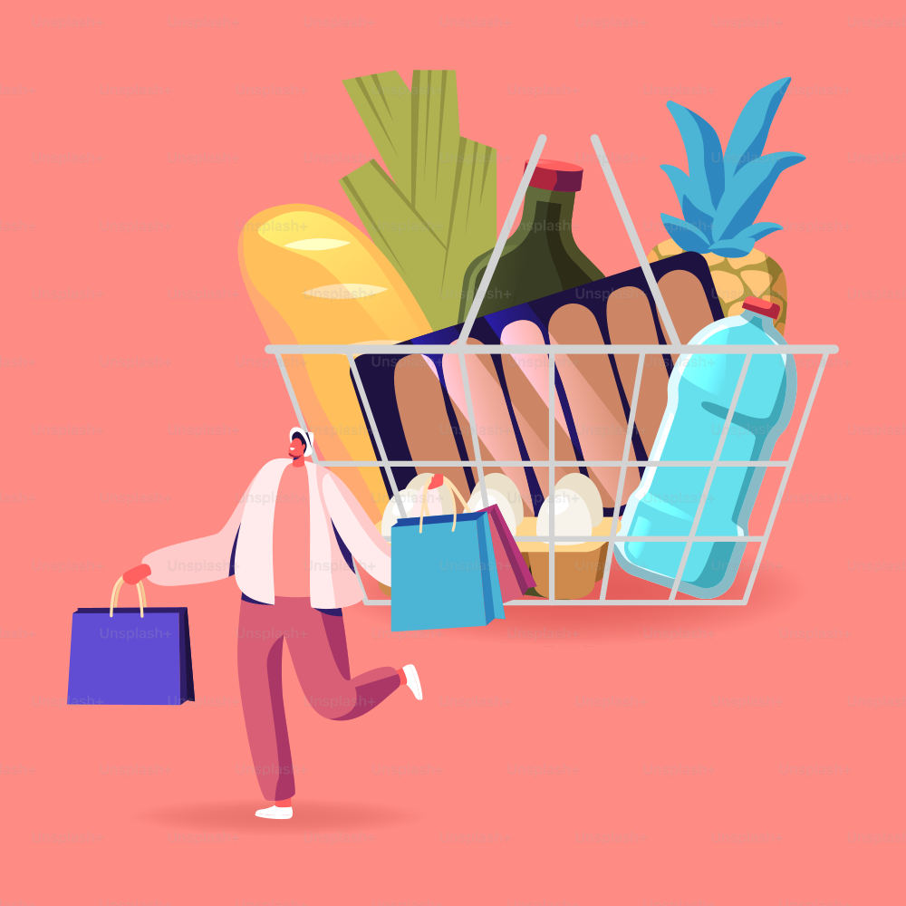 Customer Character in Grocery or Supermarket with Goods in Shopping Trolley Holding Paper Packages in Hands. Man Visiting Store for Products Purchases. Sale, Consumerism. Cartoon Vector Illustration