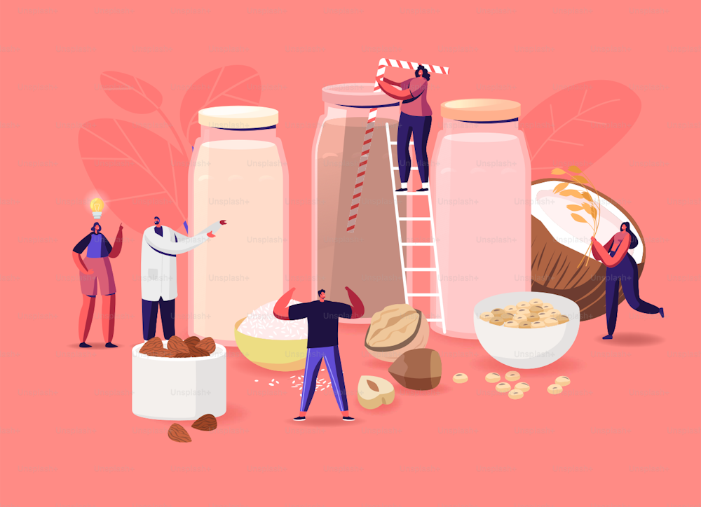 ビーガンミルクのコンセプト。ナッツ、オートミール、米、大豆からの有機非乳製品飲料の品揃えを持つ小さな男性と女性のキャラクター。ヘルスケア、ダイエット、栄養。漫画の人々のベクターイラスト