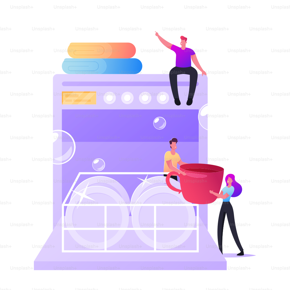 Every Day Routine, Hygiene. Tiny Characters Washing Kitchenware Put Plates and Cups to Huge Dishwasher. Happy People on Kitchen Wash Dishes after Cooking and Eating Meals. Cartoon Vector Illustration