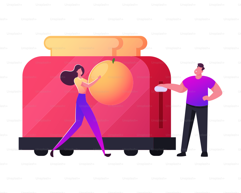 Tiny Male and Female Characters Cooking Breakfast Together Having Fun. Man Prepare Bread Toasts in Huge Toaster, Woman Carry Fresh Orange. Family Couple Lifestyle. Cartoon People Vector Illustration