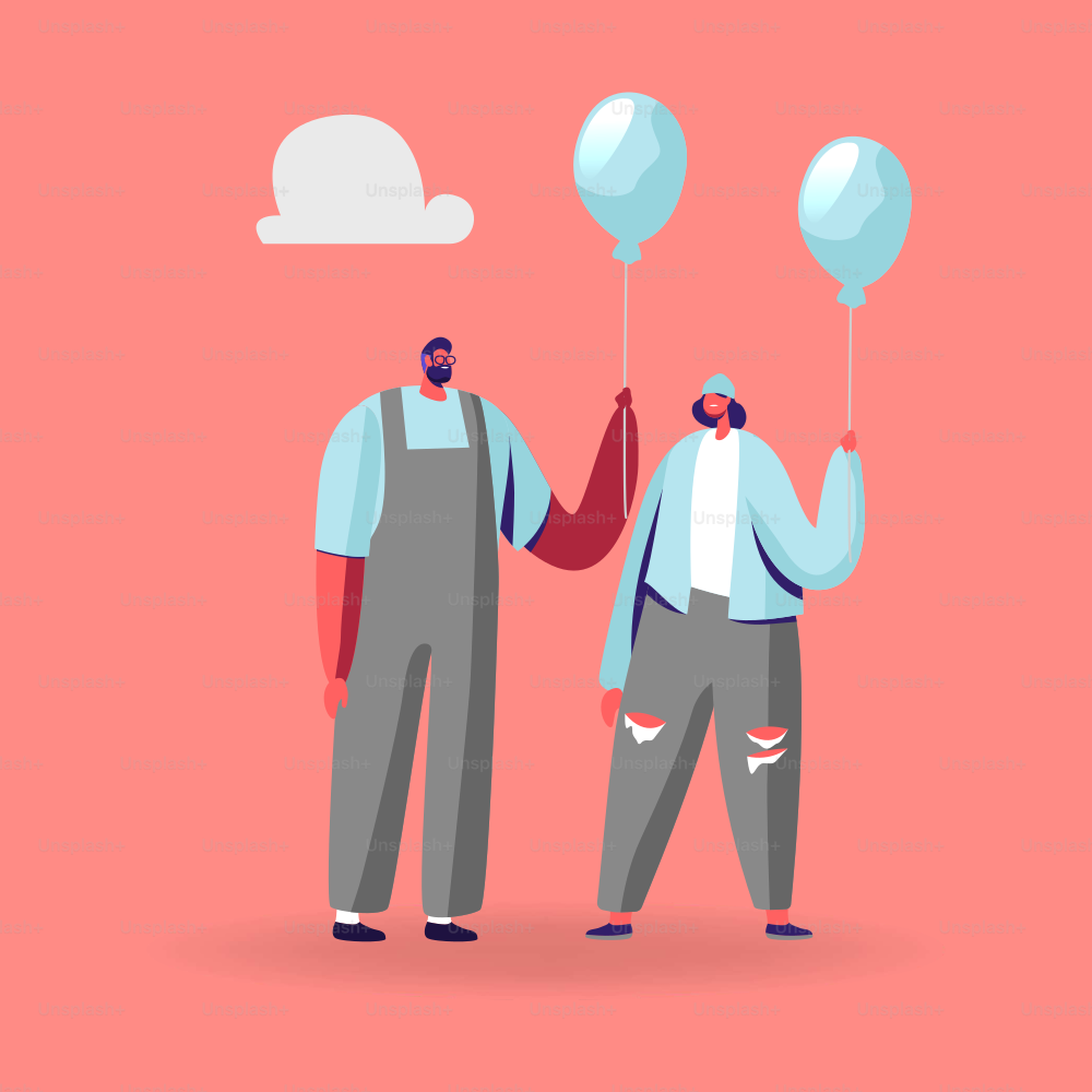 Young Identical Male and Female Characters in Modern Fashioned Clothing Holding Blue Balloons. Creativity, Individuality and Inspiration Concept. Be Unique. Cartoon People Vector Illustration