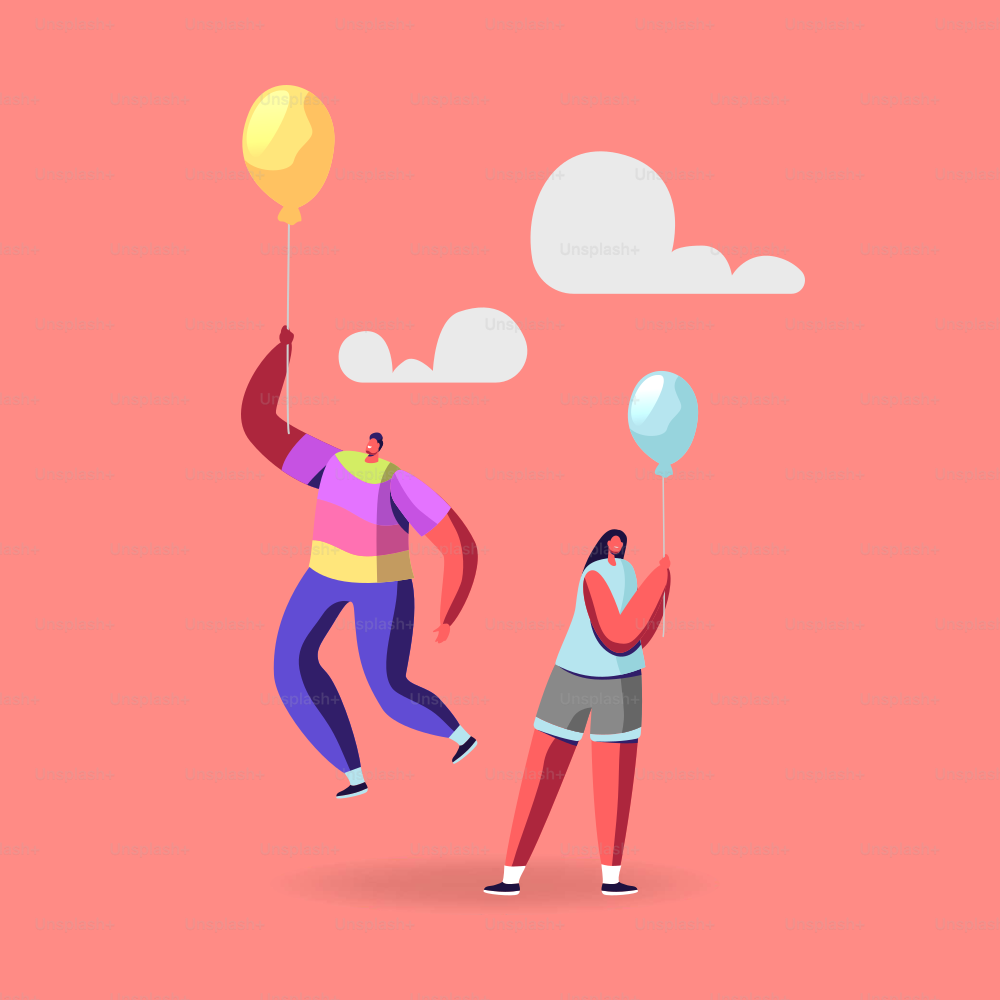 Outstanding Individuality, Be Unique Concept. Male Character in Colorful Rainbow Clothes Flying on Yellow Balloon above Woman in Blue Shirt and Balloon Standing on Ground. Cartoon Vector Illustration