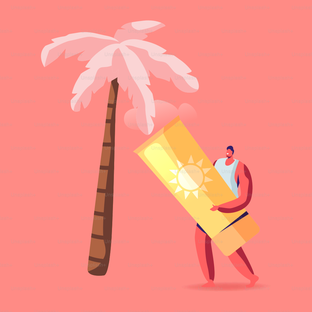 Summertime Nature Vacation, Holiday and Active Lifestyle Concept. Young Tiny Man Character Holding Huge Sunscreen Cream in Hands Walk along Summer Tropical Sandy Beach. Cartoon Vector Illustration
