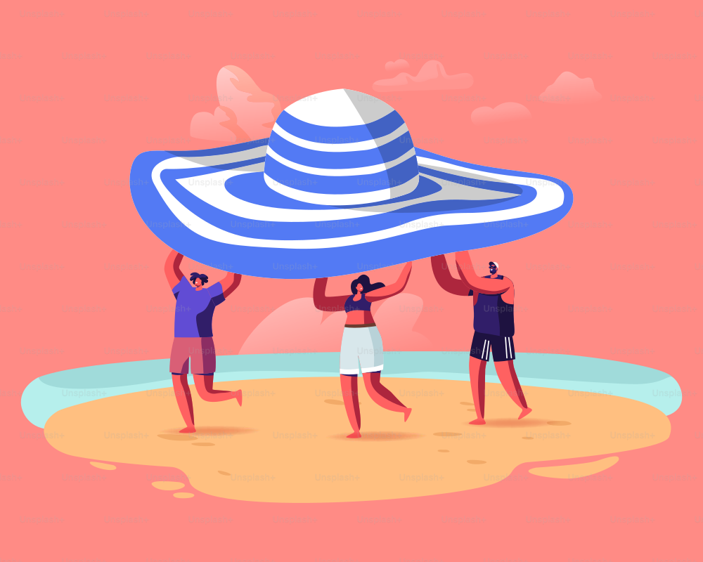 Temporada de verano, concepto de vacaciones. Las personas diminutas llevan un enorme sombrero tropical disfrutando de las vacaciones de verano, relajándose en la playa. Personajes jugando en la costa de un resort exótico. Ilustración vectorial de dibujos animados
